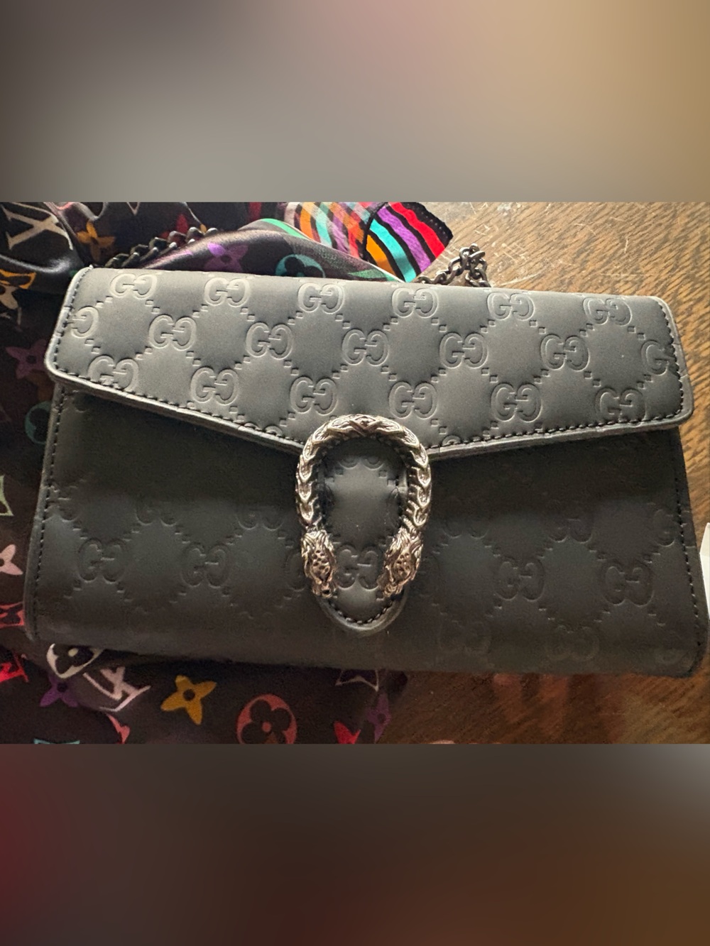 Dionysus Black Embossed Crossbody Logo Tiger Head Closure Gucci Style Novelty